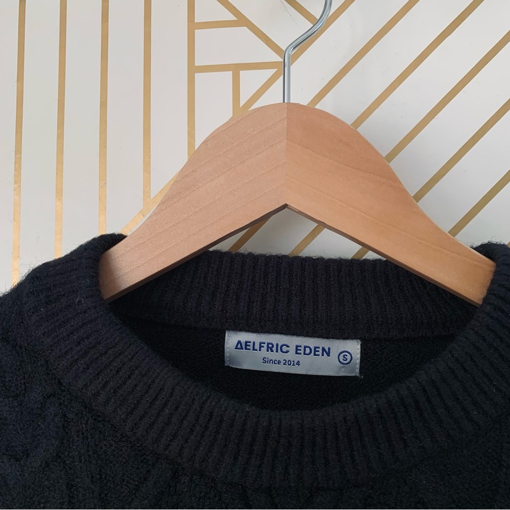 Aelfric Eden Retro 90s Cable Knit Fisherman Sweater ribbed hems black Small S - Picture 5 of 11